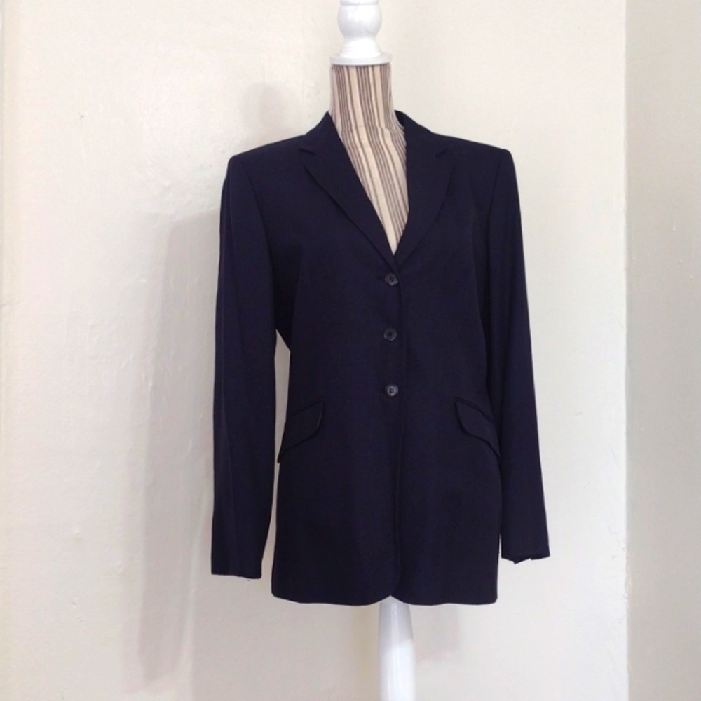 Talbots Vintage Navy Linen Blend Italian Fabric Boxy 3 Button Blazer Size 12
